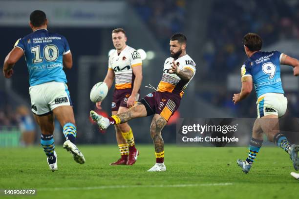 Adam Reynolds of the Broncos kicks during the round 18 NRL match between the Gold Coast Titans and the Brisbane Broncos at Cbus Super Stadium, on...