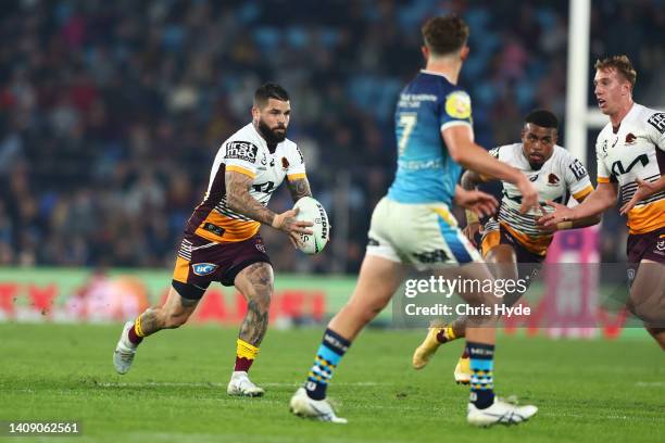 Adam Reynolds of the Broncos runs the ball during the round 18 NRL match between the Gold Coast Titans and the Brisbane Broncos at Cbus Super...