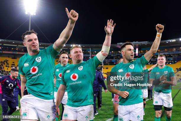 To R, James Ryan, Tadhg Furlong and Conor Murray of Ireland celebrate the win during the International Test match between the New Zealand All Blacks...