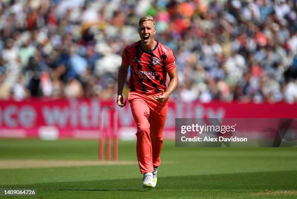 Luke Wood of Lancashire celebrates taking the wicket of Adam Lyth of Yorkshire during Vitality T20 Blast Semi Final 1 at Edgbaston on July 16, 2022...