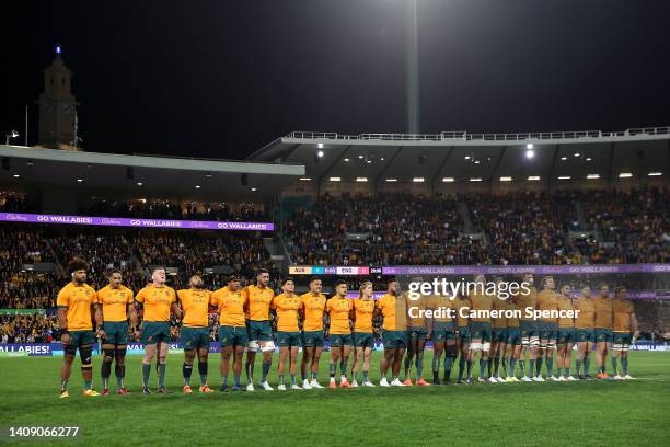 The Wallabies sing the national anthem during game three of the International Test match series between the Australia Wallabies and England at the...
