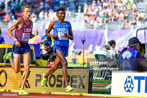 Evan Jager of United States, Avinash Mukund Sable of India competing on 3000 Metres Steeplechase during the World Athletics Championships on July 15,...
