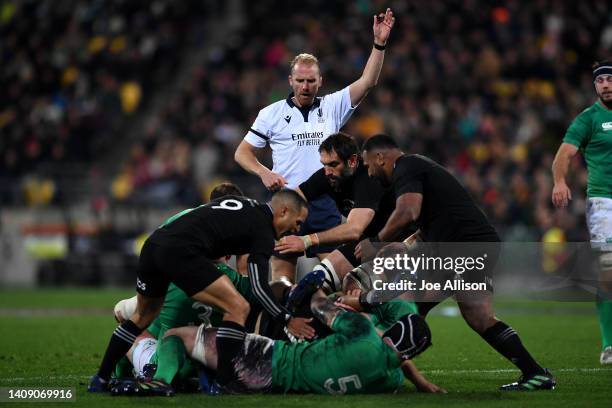 Referee Wayne Barnes awards a penalty during the International Test match between the New Zealand All Blacks and Ireland at Sky Stadium on July 16,...