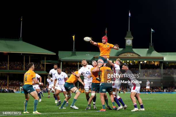 Harry Wilson of the Wallabies receives the ball from the line out throw during game three of the International Test match series between the...
