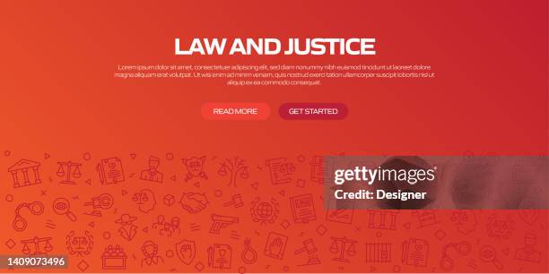 law and justice web banner with linear icons, trendy linear style vector - courtroom background stock illustrations