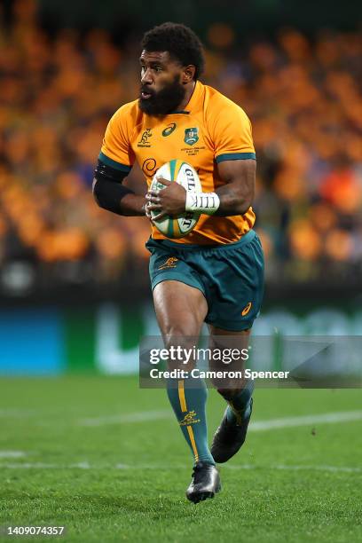 Marika Koroibete of the Wallabies runs with the ball during game three of the International Test match series between the Australia Wallabies and...