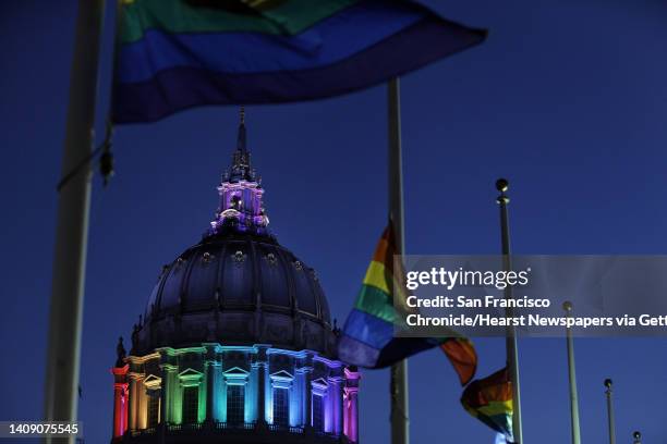 The dome of the Rotunda at City Hall was awash in the colors of the Rainbow Flag for Pride Week in San Francisco, Calif., on Wednesday, June 22, 2016.