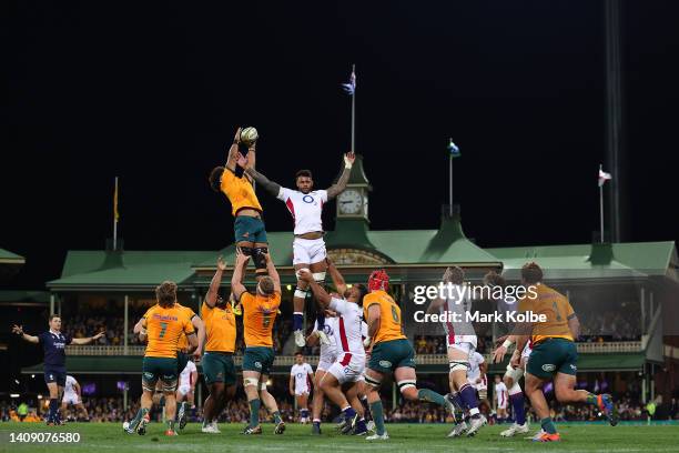 Rob Valetini of the Wallabies and Courtney Lawes of England compete for the ball line out throw ball during game three of the International Test...