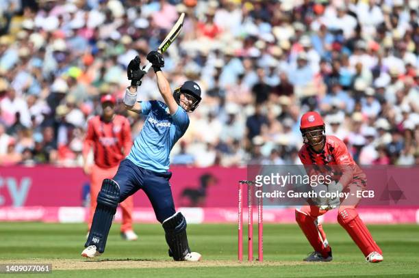 Jordan Thompson of Yorkshire hits out for six runs during the Vitality T20 Blast Semi Final between Yorkshire Vikings and Lancashire Lightning at...