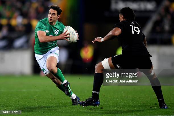 Joey Carbery of Ireland charges forward during the International Test match between the New Zealand All Blacks and Ireland at Sky Stadium on July 16,...