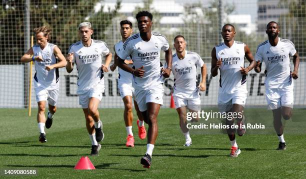 Real Madrid squad is training at Valdebebas training ground on July 16, 2022 in Madrid, Spain.