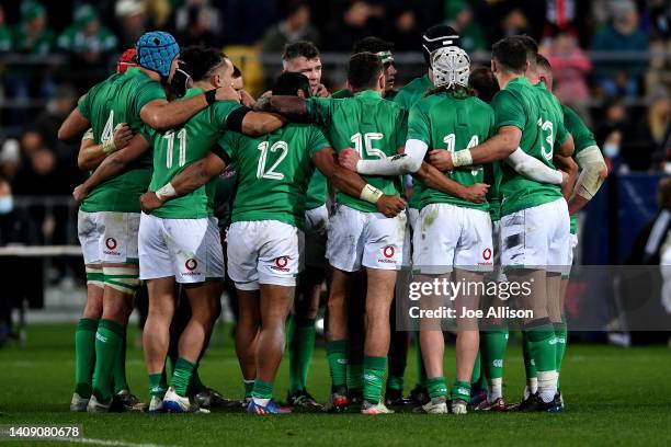 Ireland regroups during the International Test match between the New Zealand All Blacks and Ireland at Sky Stadium on July 16, 2022 in Wellington,...