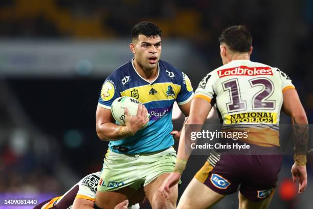 David Fifita of the Titans runs the ball during the round 18 NRL match between the Gold Coast Titans and the Brisbane Broncos at Cbus Super Stadium,...