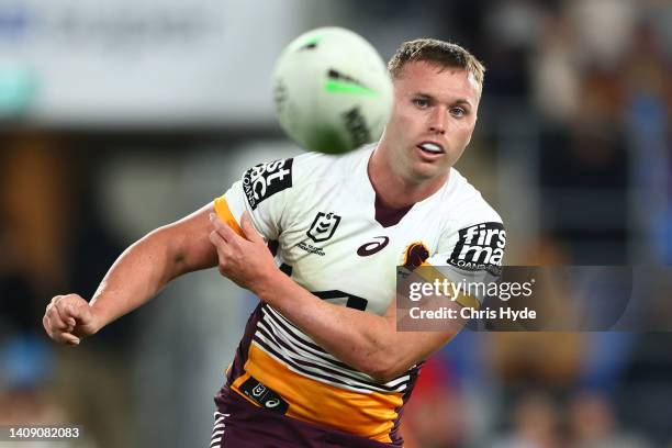 Billy Walters of the Broncos passes during the round 18 NRL match between the Gold Coast Titans and the Brisbane Broncos at Cbus Super Stadium, on...