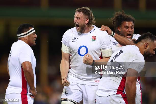 Jonny Hill of England celebrates during game three of the International Test match series between the Australia Wallabies and England at the Sydney...