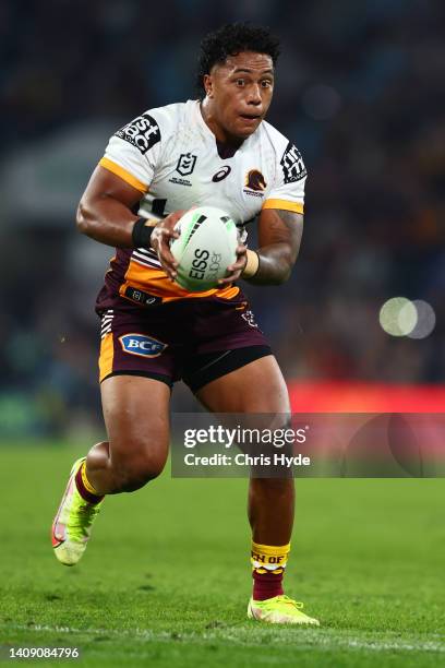 Tesi Niu of the Broncos runs the ball during the round 18 NRL match between the Gold Coast Titans and the Brisbane Broncos at Cbus Super Stadium, on...