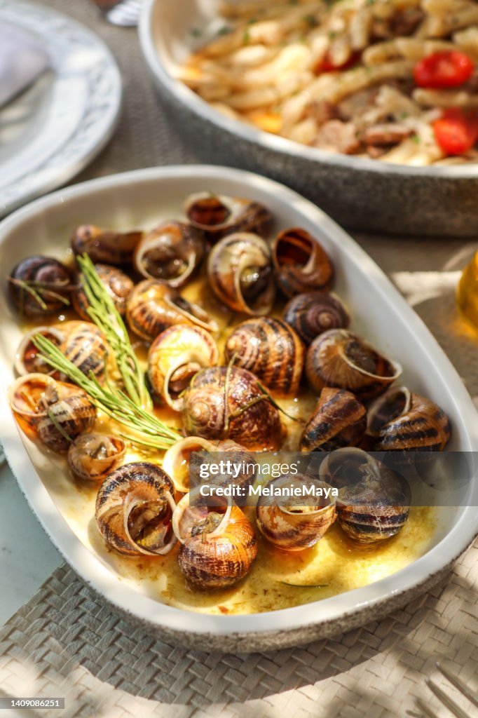 Mediterranean escargot delicacy snails with rosemary and garlic oil