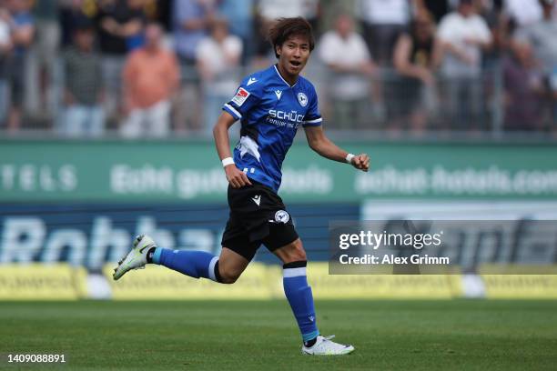 Masaya Okugawa biio celebrates their team's first goal during the Second Bundesliga match between SV Sandhausen and DSC Arminia Bielefeld at...