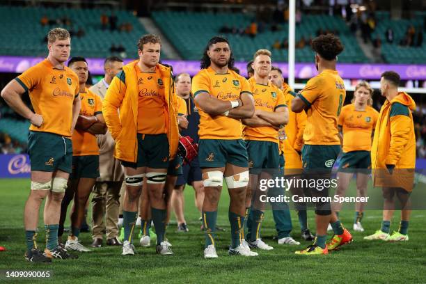 Wallabies players look dejected after losing game three of the International Test match series between the Australia Wallabies and England at the...