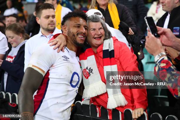 Courtney Lawes of England takes a selfie with fans after winning game three of the International Test match series between the Australia Wallabies...