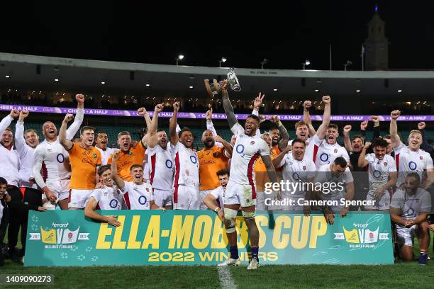 Courtney Lawes of England celebrates with the trophy during game three of the International Test match series between the Australia Wallabies and...