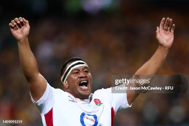 Mako Vunipola of England celebrates winning game three of the International Test match series between the Australia Wallabies and England at the...