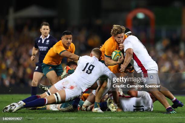 Michael Hooper of the Wallabies is tackled during game three of the International Test match series between the Australia Wallabies and England at...