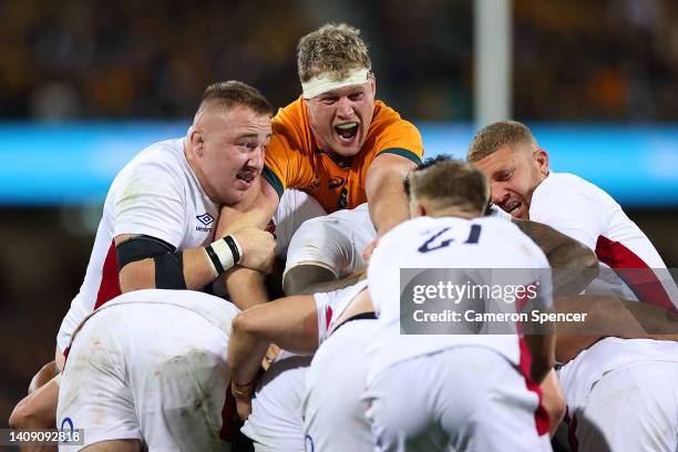 Matt Philip of the Wallabies competes in the scrum during game three of the International Test match series between the Australia Wallabies and...