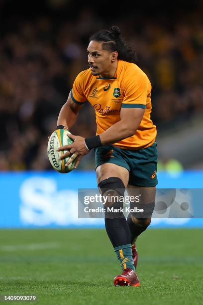 Pete Samu of the Wallabies in action during game three of the International Test match series between the Australia Wallabies and England at the...