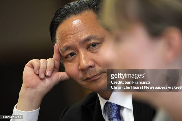 Jeff Adachi, SF public defender, listens as LEAP attorney, Lauren Brady speaks about Robert's case at Lincoln High School in San Francisco, Calif.,...