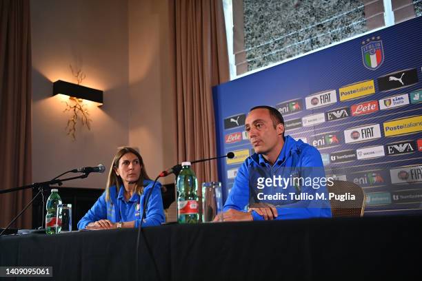 Press Officer Francesca Vitullo and Team Doctor Matteo Guzzini attends a press conference at Italy Women Team Base Camp on July 16, 2022 in...