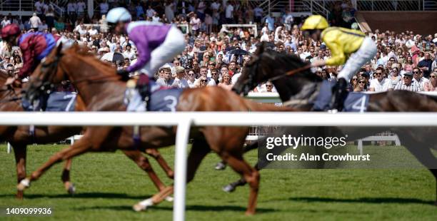 Racegoers look on as runners pass the grandstand during The Highclere Castle Gin Cup Stakes at Newbury Racecourse on July 16, 2022 in Newbury,...