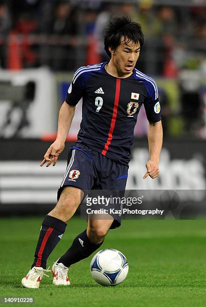 Shinji Okazaki of Japan in action during the 2014 FIFA World Cup Asian Qualifier match between Japan and Uzbekistan at Toyota Stadium on February 29,...