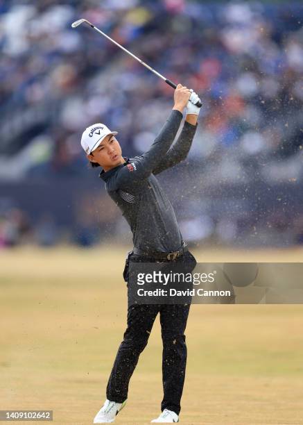 Min Woo Lee of Australia plays his second shot on the second hole during the second round of The 150th Open on The Old Course at St Andrews on July...