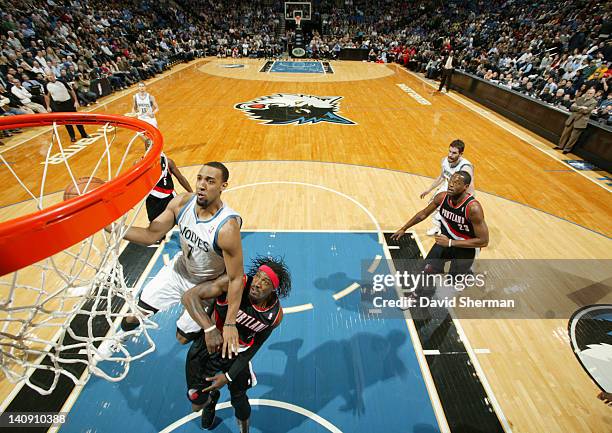 Derrick Williams of the Minnesota Timberwolves goes to the basket against Gerald Wallace of the Portland Trail Blazers during the game on March 7,...