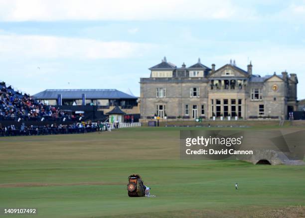 Lone Taylor Mde golf bag lies beside the tee on the 18th hole during the second round of The 150th Open on The Old Course at St Andrews on July 15,...