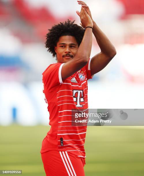 Serge Gnabry of FC Bayern München thanks the fans during the team presentation of FC Bayern München at Allianz Arena on July 16, 2022 in Munich,...