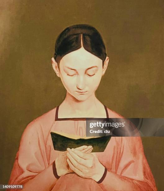 reading girl by gustav adolph hennig, 1797-1869 - daydreaming stock illustrations