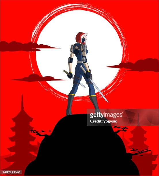 ilustraciones, imágenes clip art, dibujos animados e iconos de stock de vector anime style female ninja assassin stock illustration - manga