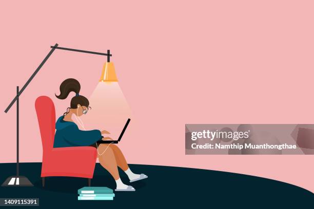 adult online learning illustration concept shows a relaxing woman sitting on the armchair while studying online via a laptop with the pile of books when she staying at home. - academic success stock pictures, royalty-free photos & images