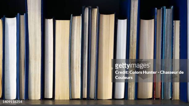 close-up on anonymous books stored in a library in paris, france - libri antichi foto e immagini stock