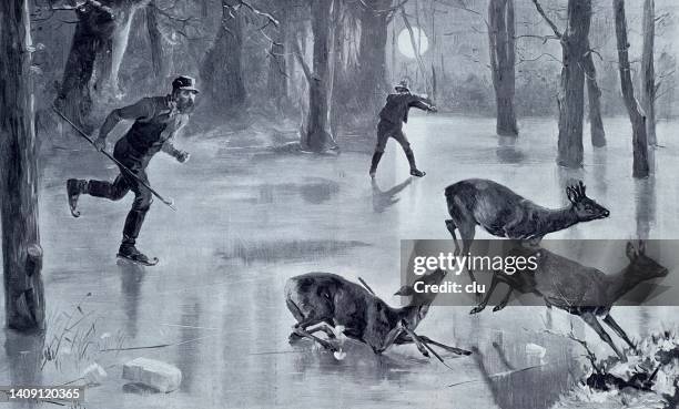 poachers on the ice surfaces of the spreewald hunting with javelins - spreewald stock illustrations