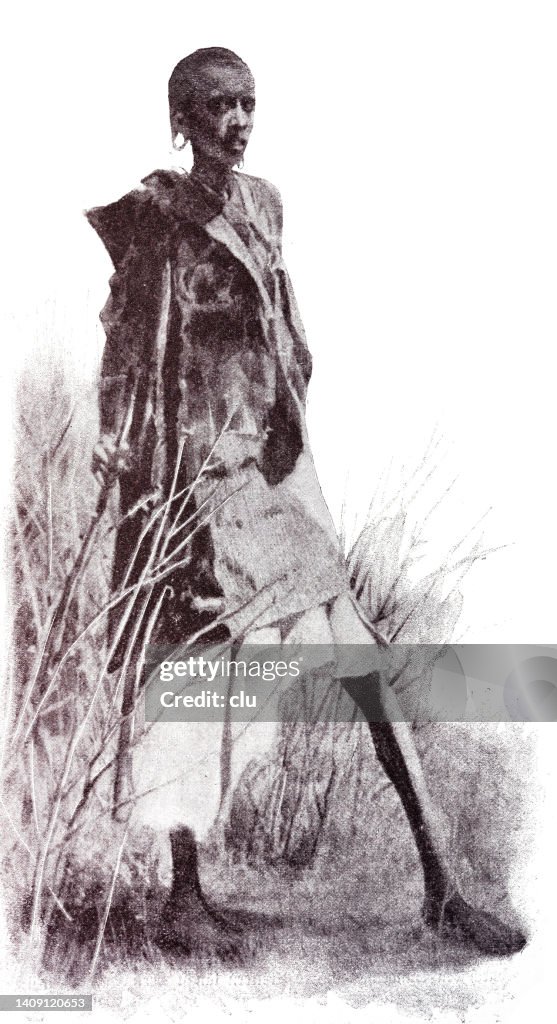 Starving thin Maasai walking in the savannah