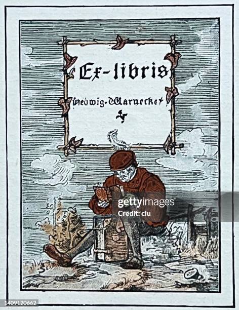 ex libris, individual book sign showing a reader in the landscape - campfire art stock illustrations