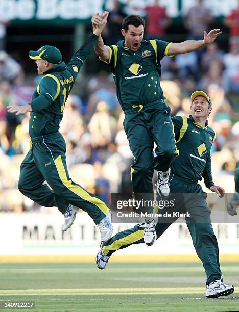 Clint McKay of Australia celebrates after getting the wicket of Mahela Jayawardene of Sri Lanka during the third One Day International Final series...