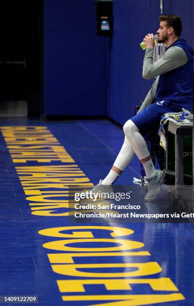 New Warrior center Dragan Bedner stops for something to drink during practice at Chase Arena in San Francisco, Calif., on Monday, February 24, 2020.