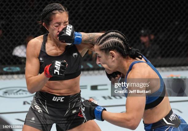 Emily Ducote punches Jessica Penne in a strawweight fight during the UFC Fight Night event at UBS Arena on July 16, 2022 in Elmont, New York.