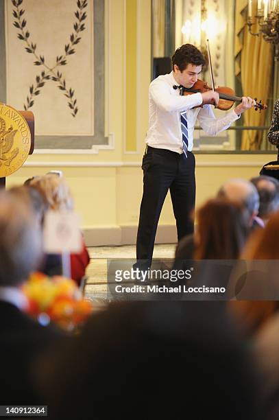 Violinist and honoree Jourdan Urbach performs during the 2012 Jefferson awards for public service at The Pierre Hotel on March 6, 2012 in New York...