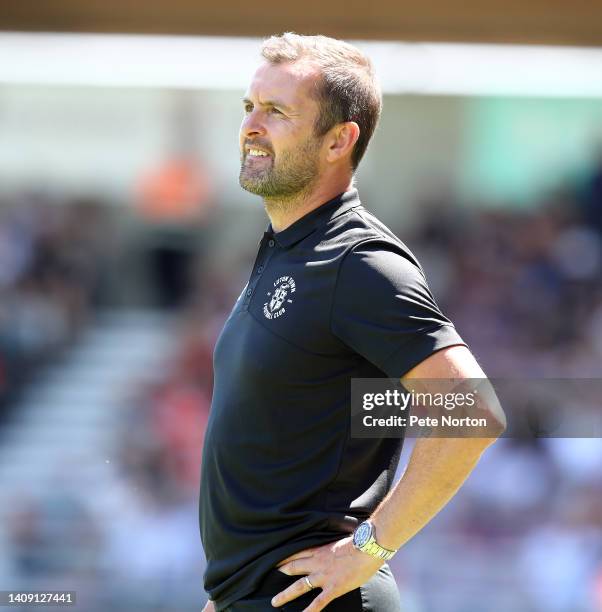 Luton Town manager Nathan Jones looks on during the Pre-Season Friendly match between Northampton Town and Luton Town at Sixfields on July 16, 2022...