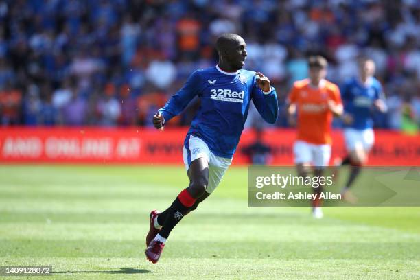 Glen Kamara of Rangers makes an attacking run during the Pre-Season Friendly match between Blackpool and Rangers at Bloomfield Road on July 16, 2022...